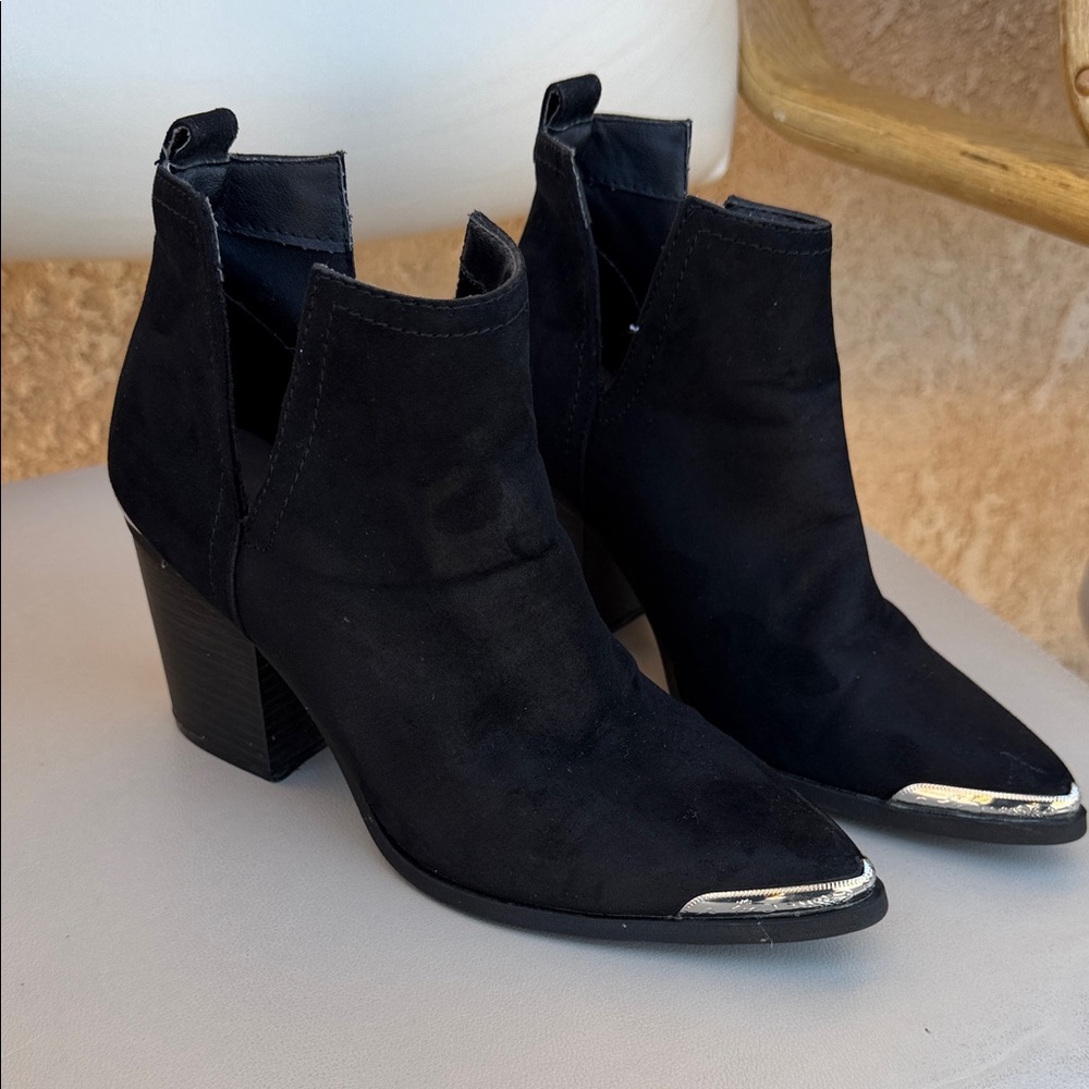 MOSSIMO SUPPLY CO Black Suede Pointed Toe Ankle Boots with Silver Accent